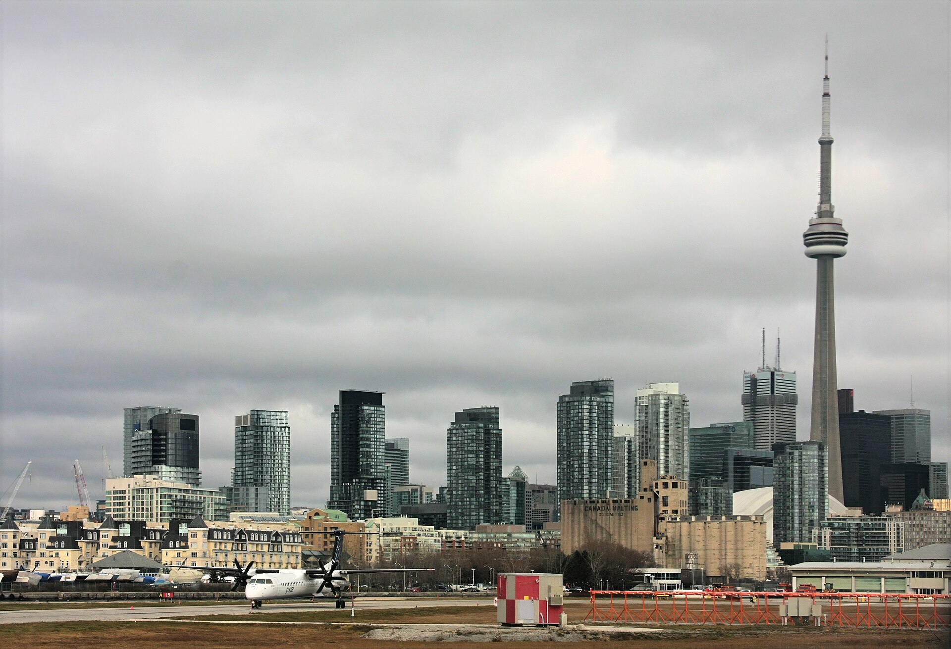 Billy Bishop Toronto City Airport with the CN Tower and downtown skyline